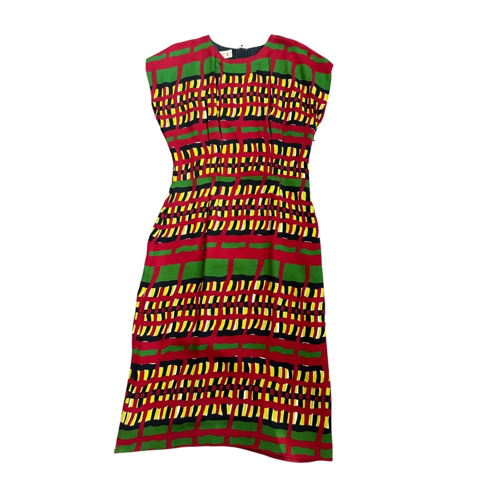Marni Italy Geometric Abstract Print Viscose Silk Midi Dress Red Green Size 38